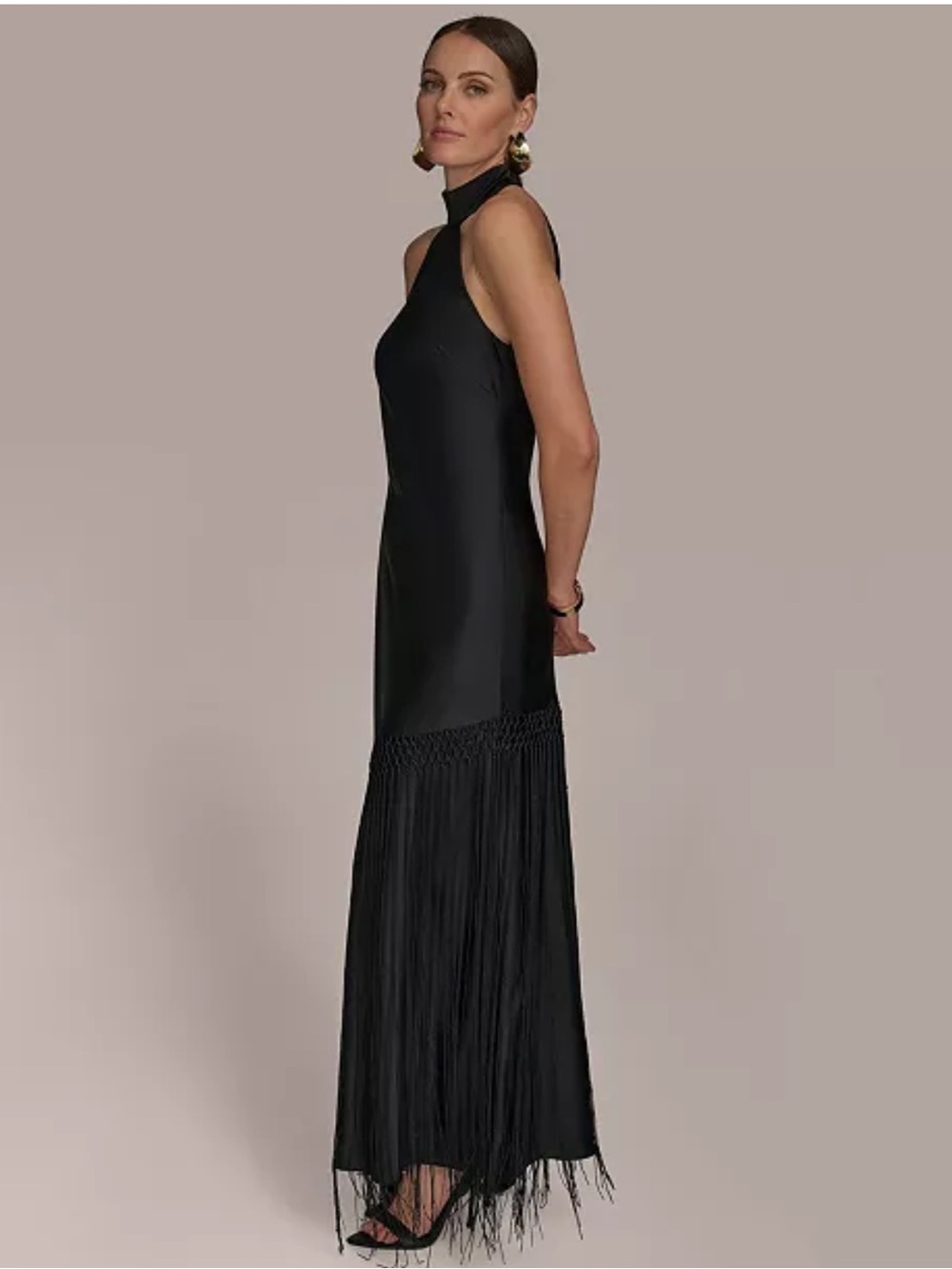 Donna Karan Black Halter High Neck Fringe Maxi Dress
